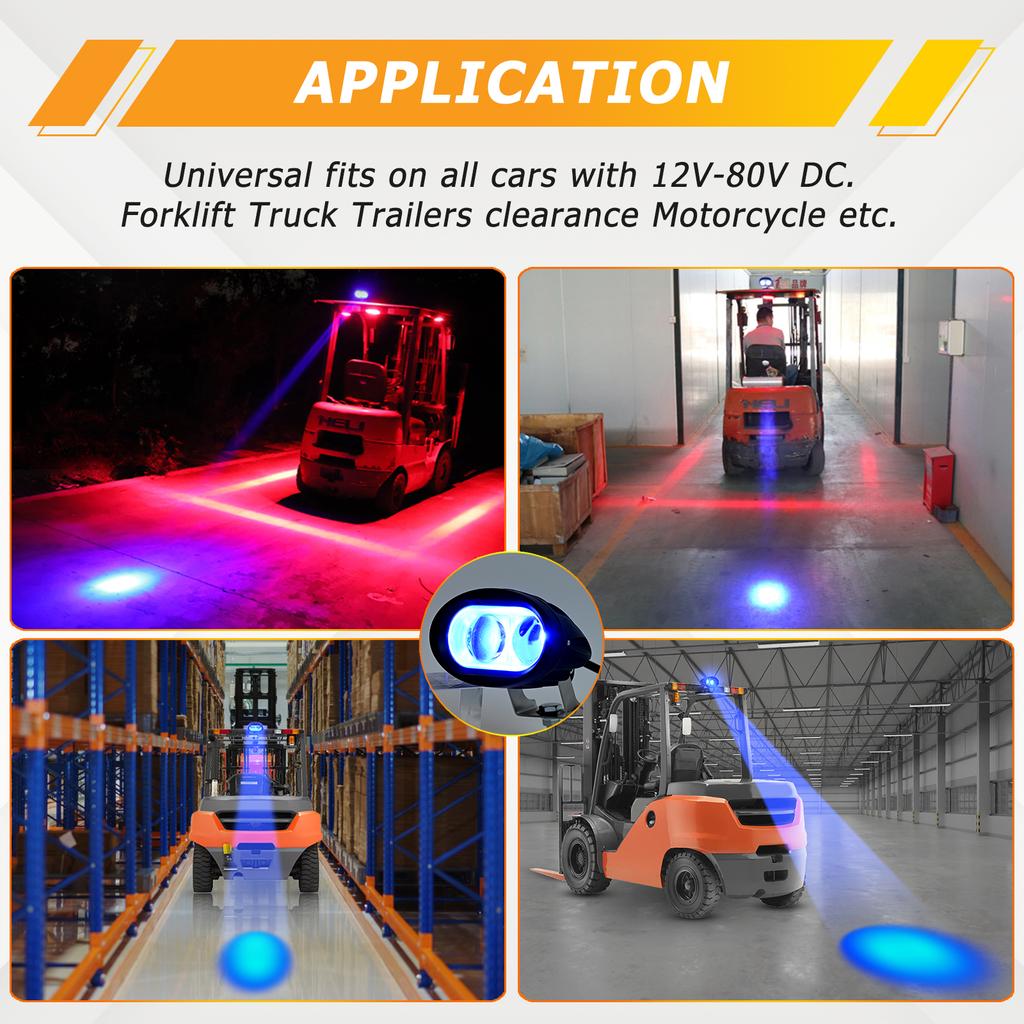 Uniwersalne wodoodporne światło ostrzegawcze LED do wózków widłowych, punktowe, cofające, niebieskie, dla pieszych, do magazynów, regulowane, do samochodów ciężarowych, 12 V-80 V, E9