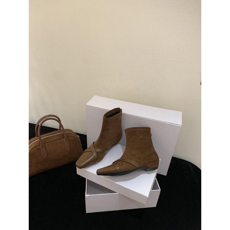 Korean Version of Square Head Suede Splicing Fashion Boots for Women 2025 Autumn and Winter New Temperament Thin Boots Rear Zipper Short Boots for W