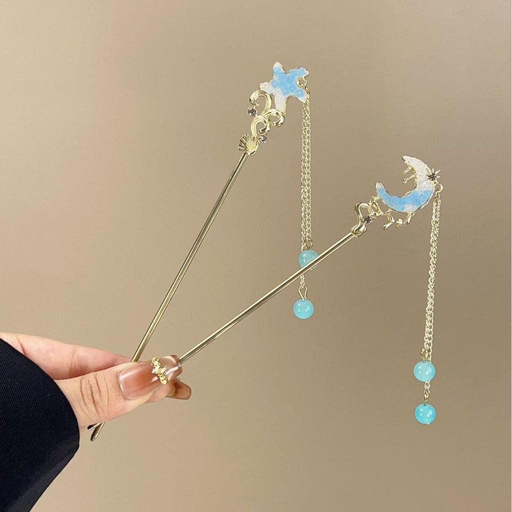A Niche High-end Blue Shattered Crystal Women's Alloy Hairpin with Antique Style Tassels And Fresh Ocean Style Hair Accessories