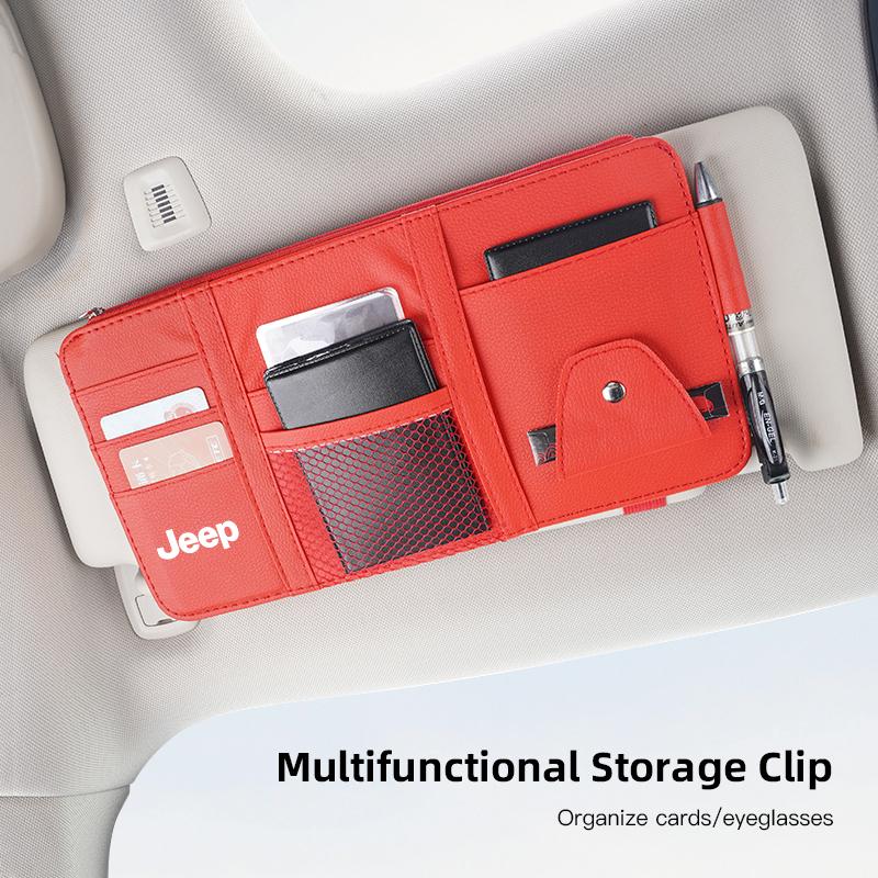 Car Sun Visor Organizer Glasses Clip Pocket Card Storage For Jeep Grand Cherokee Wrangler JK Gladiator Compass Renegade Patriot AMS1