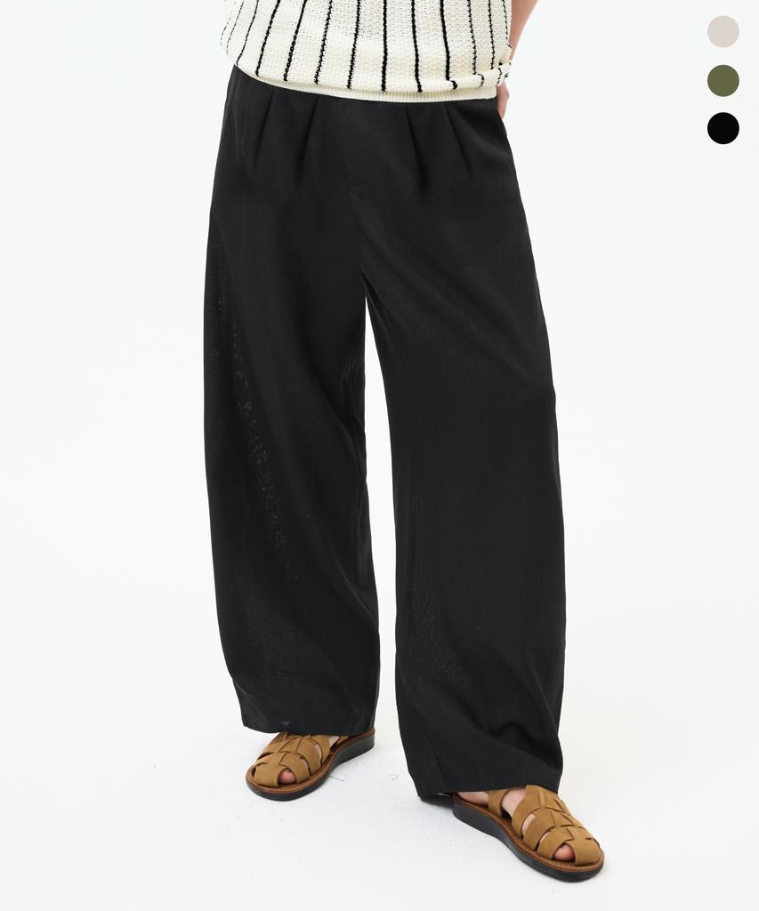 TRILLION Double-Pleat Tapered Linen Wide Elastic Waist Pants_3Color