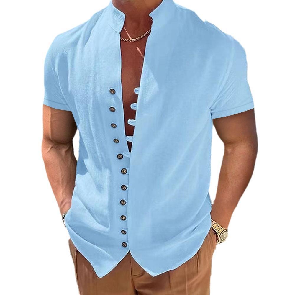 2023 Men's Retro Cotton Linen Short Sleeve Stand Collar Shirt