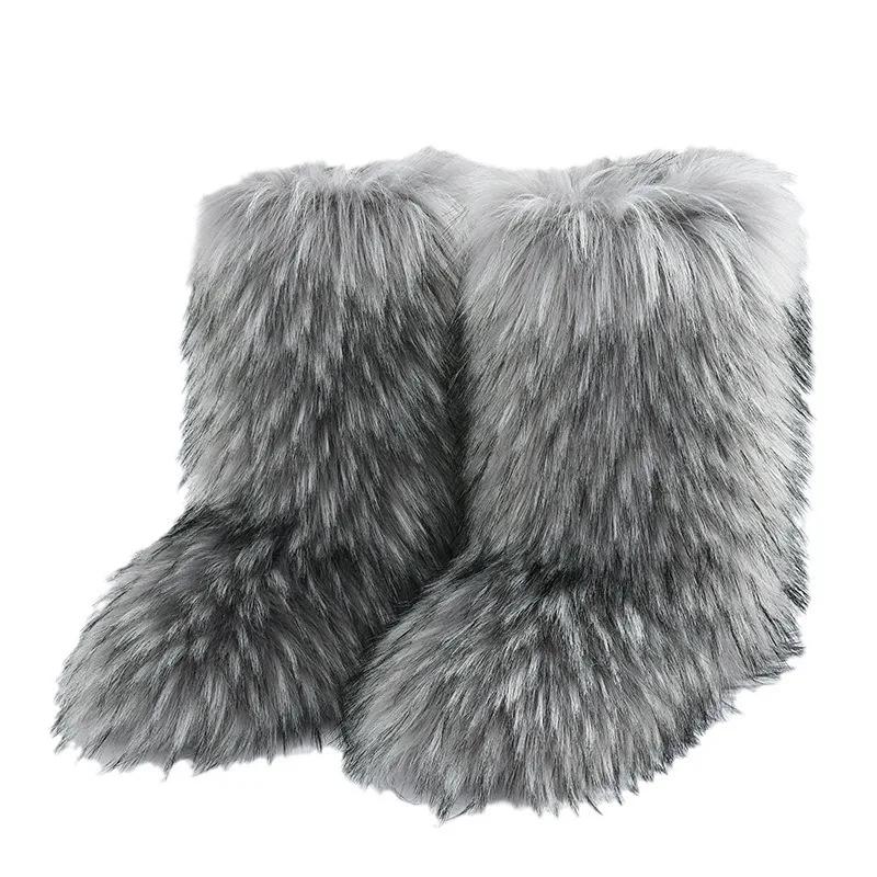 Fashion 2024 New Comfortable Imitation Raccoon Fur Snow Boots with Midsole for Women's Winter Warmth and Comfort, Hairy Women's Boots