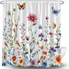 Spring Floral Leaves Shower Curtain Butterfly Watercolor Blossoming Flower Rustic Plant Nature Wildflower Vintage Country Farmhouse Fabric Curtain