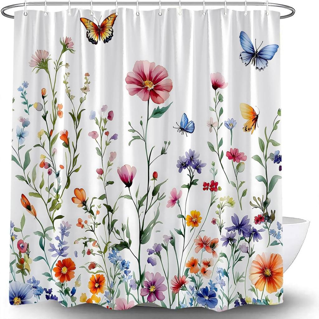 Spring Floral Leaves Shower Curtain Butterfly Watercolor Blossoming Flower Rustic Plant Nature Wildflower Vintage Country Farmhouse Fabric Curtain