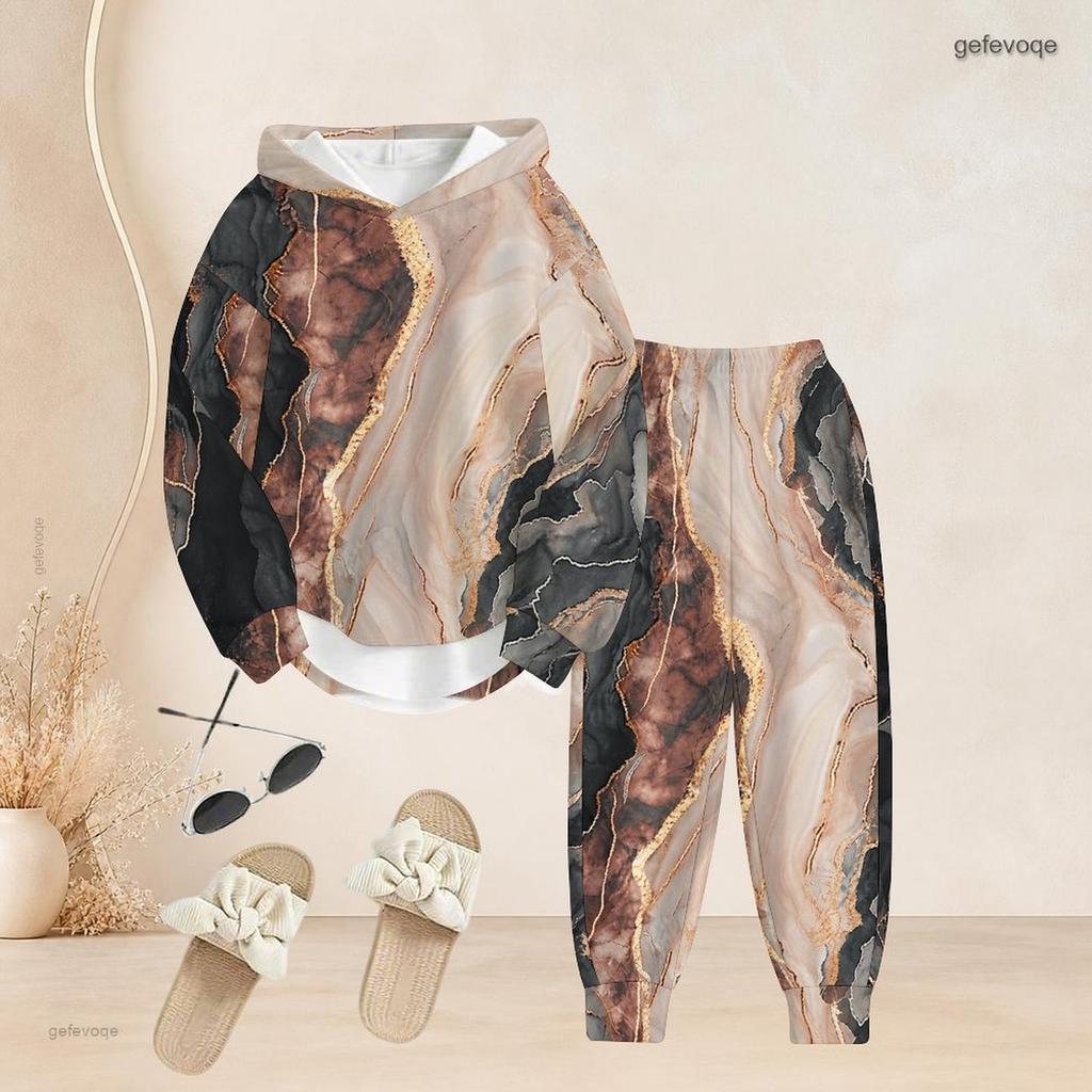 Women Plus Size Printed Two Piece Set Long Sleeve Hooded Top Cuffed Pants