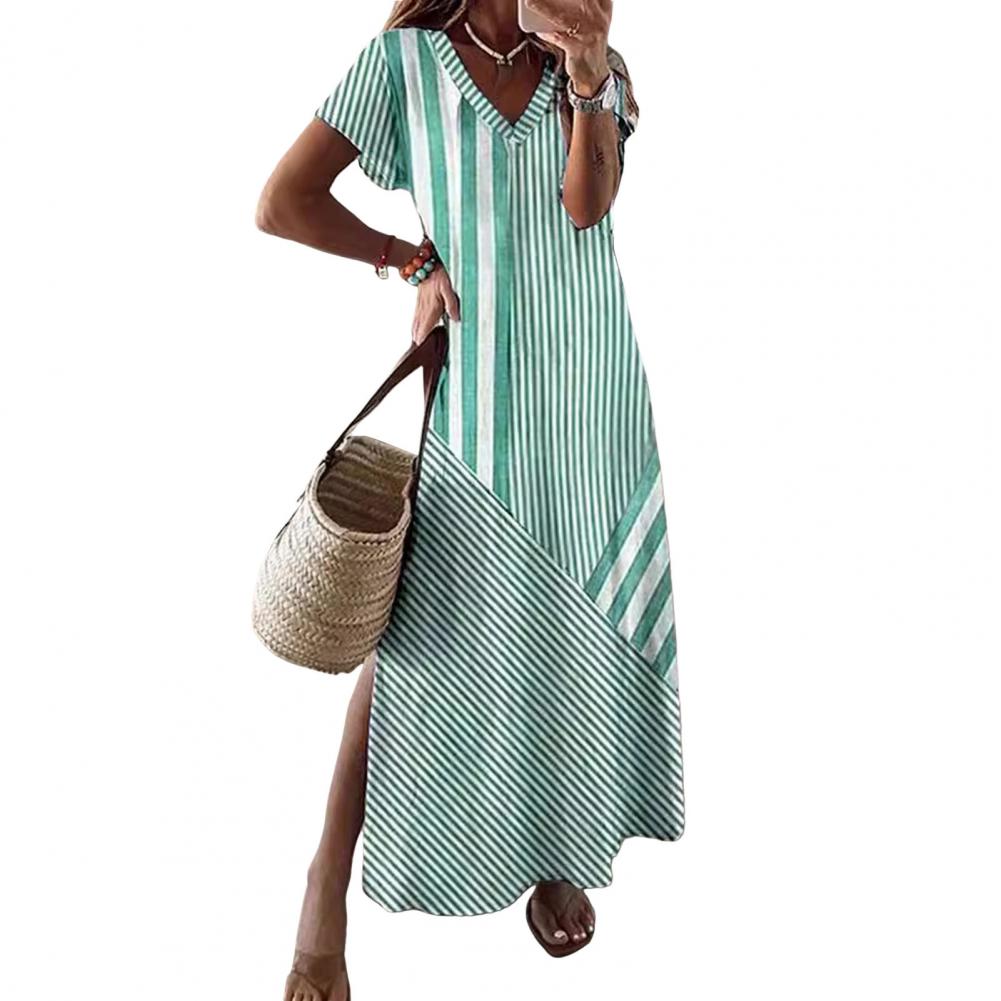 

Summer Women Dress V-Neckline Side Split A-line Comfortable Fit Short Sleeves Striped Print Pullover Ankle Length Vacation Beach Maxi Dress S зелений
