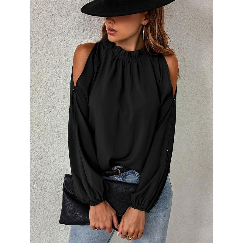 Women's Autumn and Winter New Net Colour Ruffle Half High Neck Long Sleeve Shrink Pleated Strapless Fashion Tops