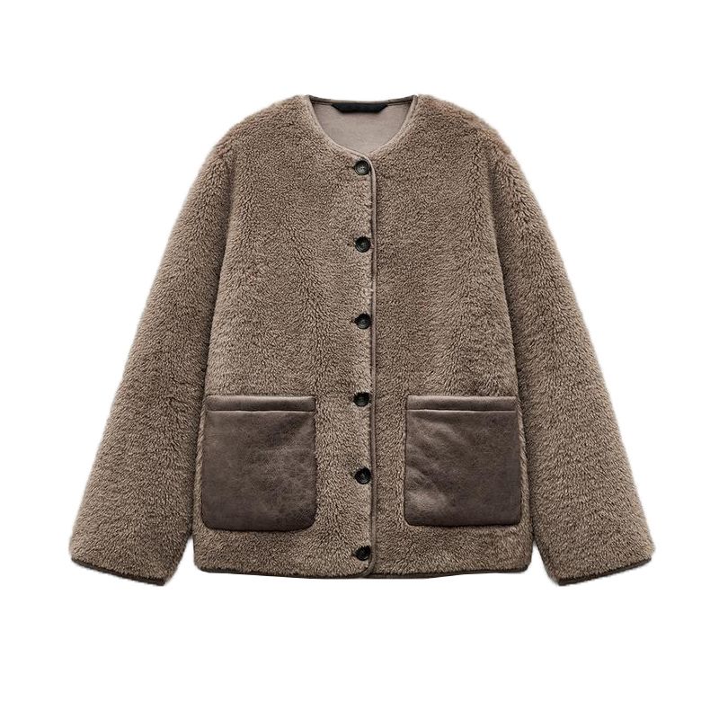 

Spring New Women s Clothing French Style Pocket Decoration Single-Breasted Fleece round Neck Long Sleeves Jacket Outwear 3362241 Tan L