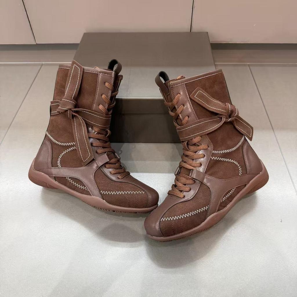 Autumn retro inner heightening Martin boots women's brown boxing boots frosted leather round head lace-up sports boots short boots