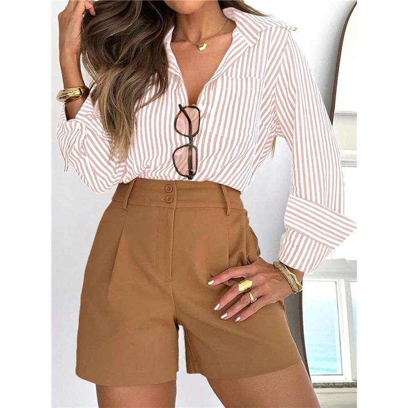 Women's Striped Button Down Shirt Long Sleeve Turn Down Collar Casual Blouse