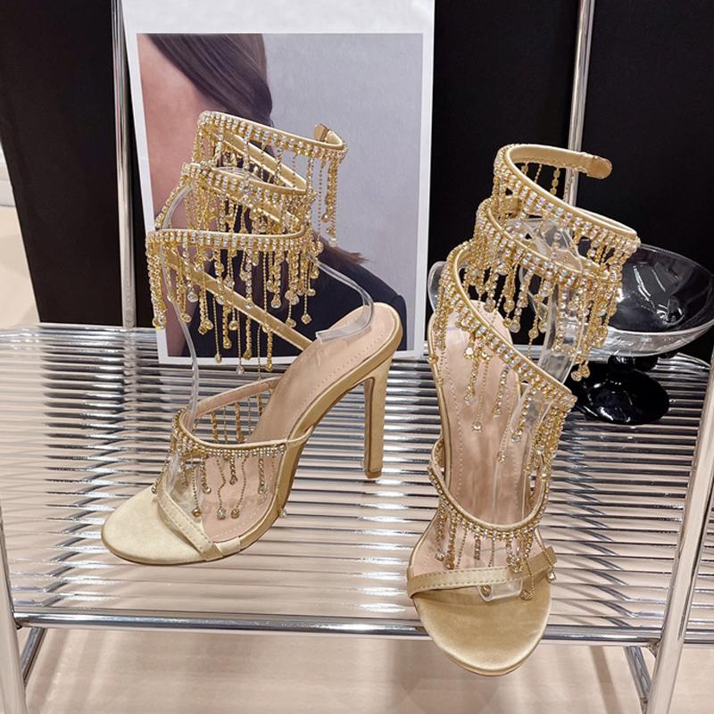 Liyke femei elegante nuntă banchet pantofi moda cristal Tassel Twining sandale stiletto sexy Open Toe stripper tocuri aurii
