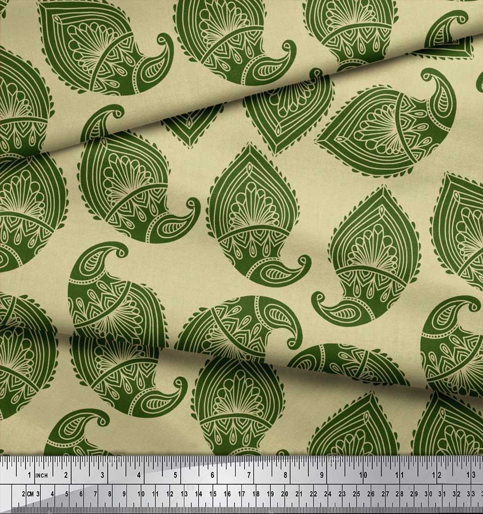 Soimoi Blue Japan Crepe Satin Fabric Green Paisley Printed Craft Fabric by the metre 42 Inch