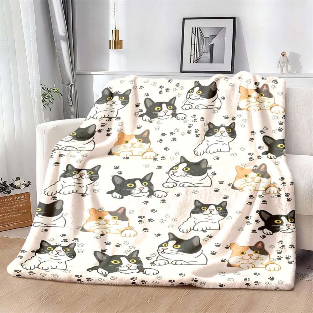 1Pc  Cute Cartoon Cats Pattern Flannel Throw Blanket Warm Soft Cozy Blanket For Home Bedroom Living Room