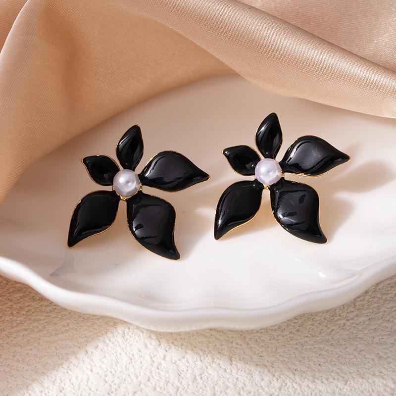 High-End European and American Style Stainless Steel Pearl Flower Earrings чёрный