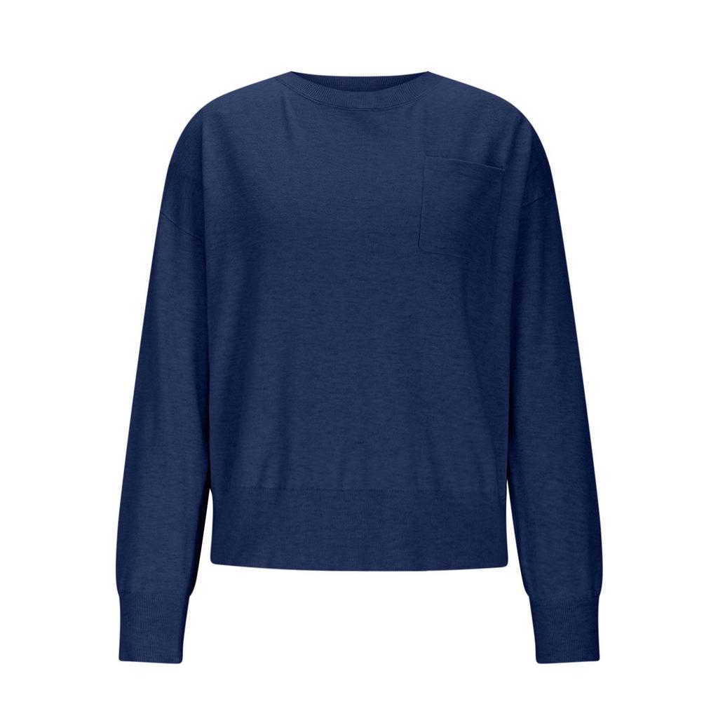 2025 Women's Solid Color Round Neck Long Sleeve Casual Pocket Pullover Sweater - Autumn/Winter European American Style