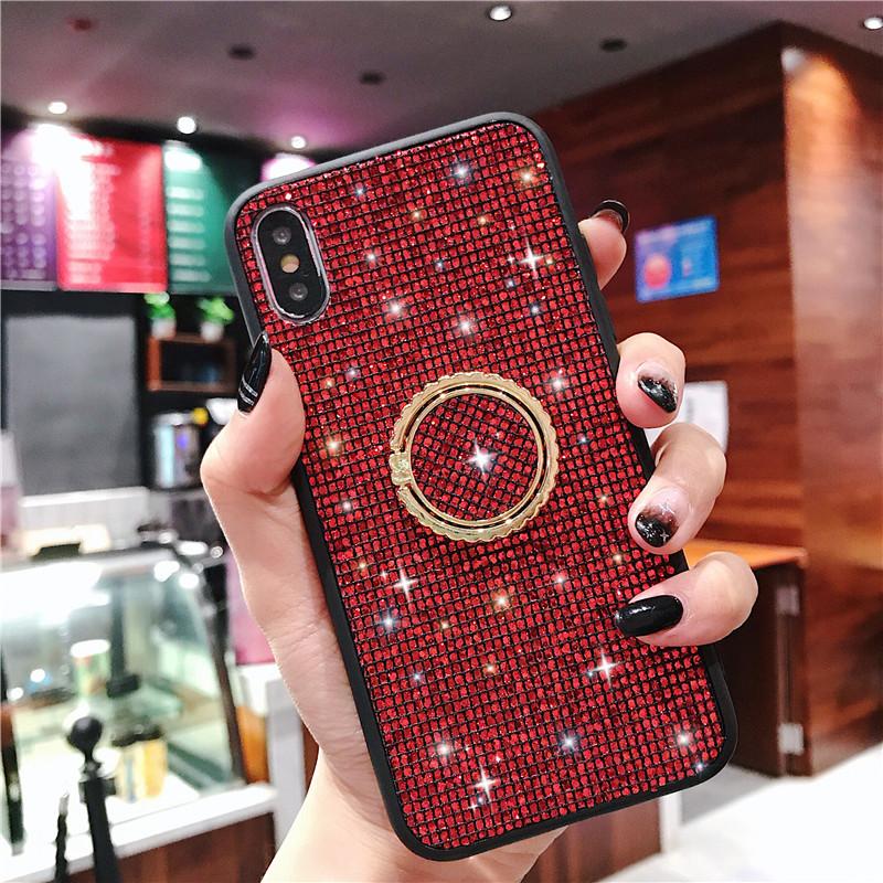 Mote Diamond Grid Glitter Finger Ring Brakett Hardt telefondeksel til iPhone Samsung Huawei Honor Xiaomi Redmi