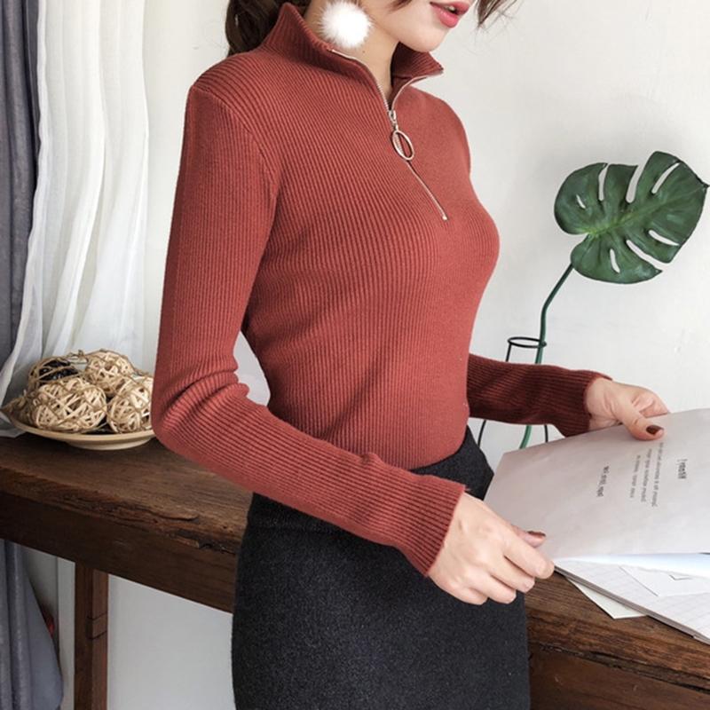 Spring Autumn Knitted Half Turtleneck Long Sleeve Slim Jumper Tops Women Sweater Pullover Solid Zipper Ladies Casual Sweaters