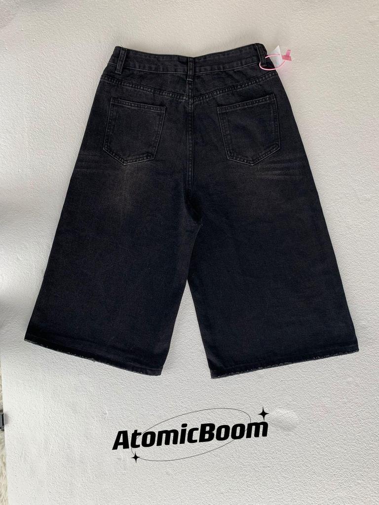 Damen American Style Retro Schwarze Denim Capri-Hosen - Sommer Locker Mittellang Fünf-Punkt Gerade Bein Übergröße Shorts