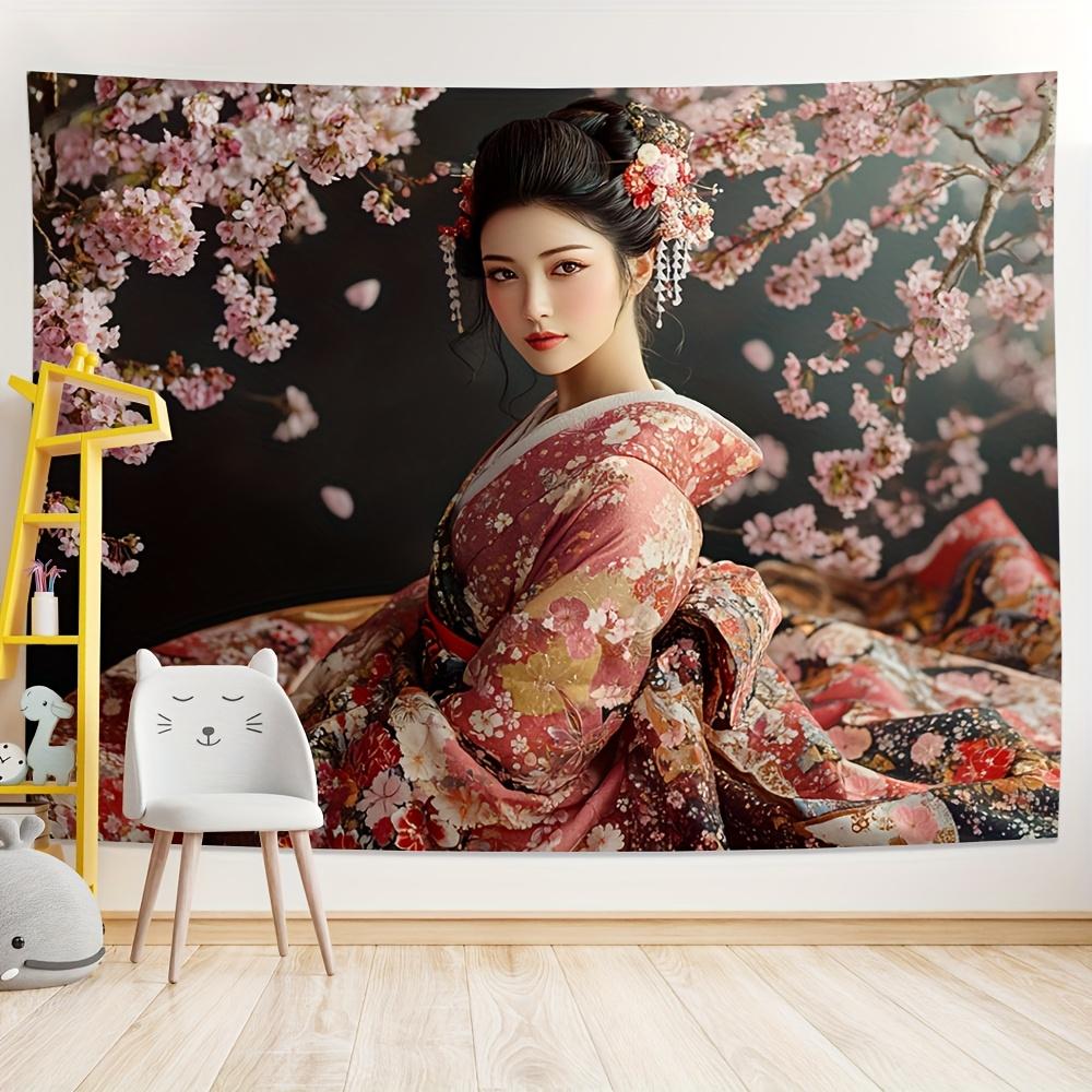 Geisha Woman Cherry Blossom Tapestry Japanese Kimono Art Spring Flowers Wall Hanging Eastern Decor Living Room Print
