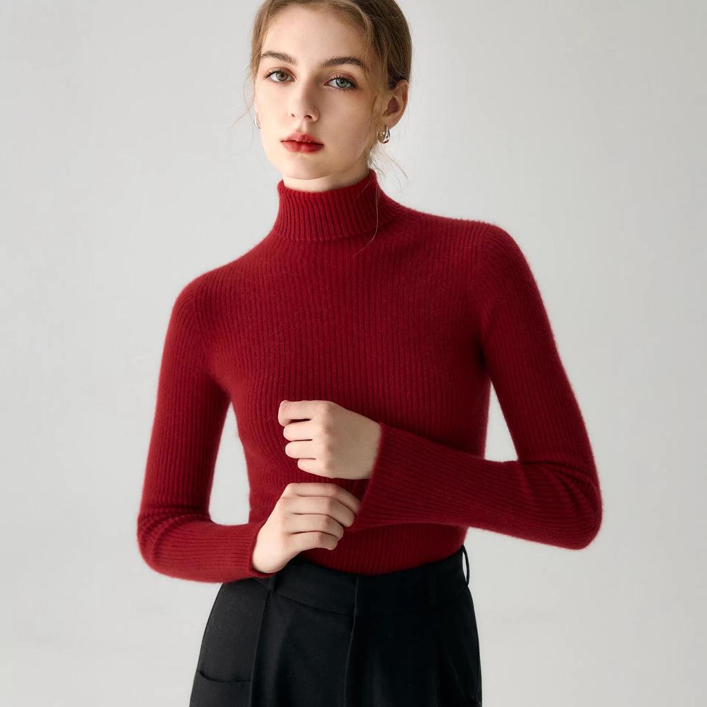 Women's High-Neck 100% Pure Cashmere Slim-Fit Sweater - Seamless, Flattering Knit in Solid Colors
