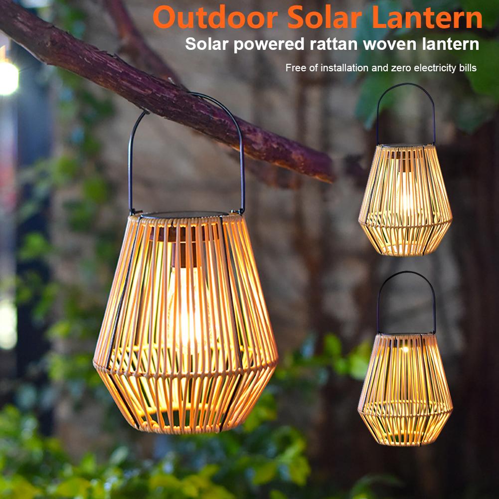 Retro Rattan Solar Lantern Waterproof Hanging Bamboo Chandelier Lamp Hand Woven Decorative Lights for Garden Patio Courtyard