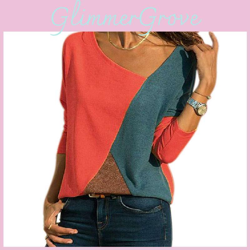 Versatile Women T-shirts Long Sleeve Round Neck Patchwork Pullover Slim Fit Female Tops