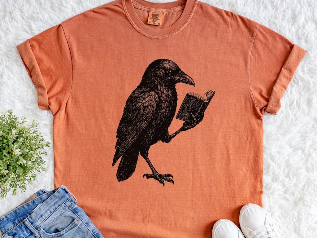 Vintage Raven Book Linocut Shirt – Gothic Ink Engraved Crow Tee for Book Lovers, Dark Art Fans and Literary Enthusiasts