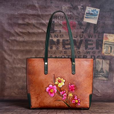Vintage Design Flowers Embossing Handbags Genuine Leather Shoulder Bags for Women Ladies Fashion Shopping Bag Purse