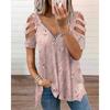 Women Plus Size Summer Casual V Neck Short Sleeve Hollow Zipper T Shirt