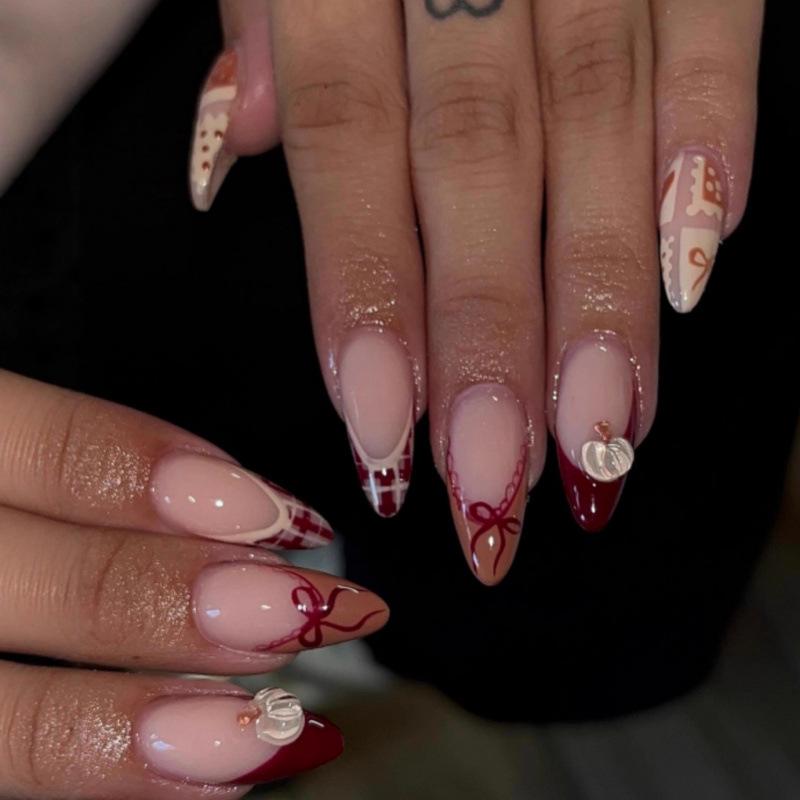 24-Piece Autumn/Winter Gold Foil Pumpkin & Bow Plaid Heart Almond Nail Art Set