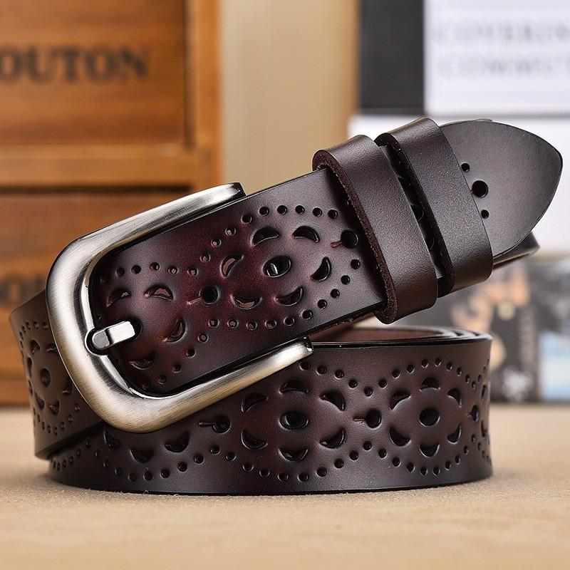Womens Genuine Leather Belt With Geometric Cutout Design Vintage Style Alloy Pin Buckle Waistband Jeans Skirts