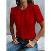 Dámská bílá halenka s volánkovým lemem, krátkým rukávem, kulatým výstřihem, elegantní, do práce, do kanceláře, ležérní top s knoflíkovým detailem