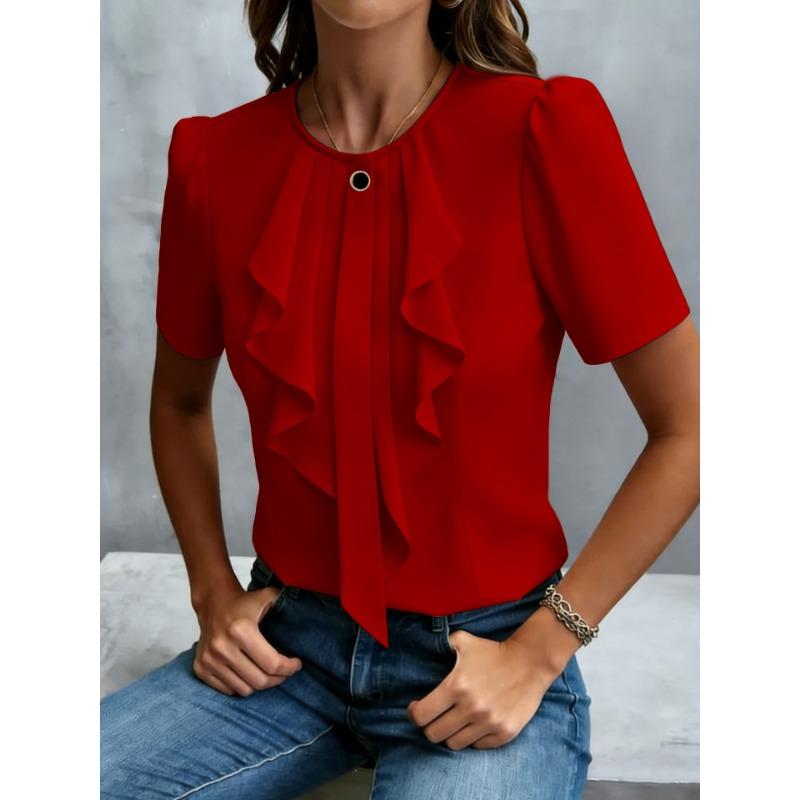 Dámská bílá halenka s volánkovým lemem, krátkým rukávem, kulatým výstřihem, elegantní, do práce, do kanceláře, ležérní top s knoflíkovým detailem