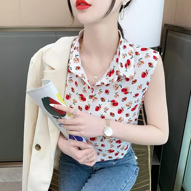 Women's Floral Sleeveless Blouse Lapel Button-Down Chiffon Tank Top