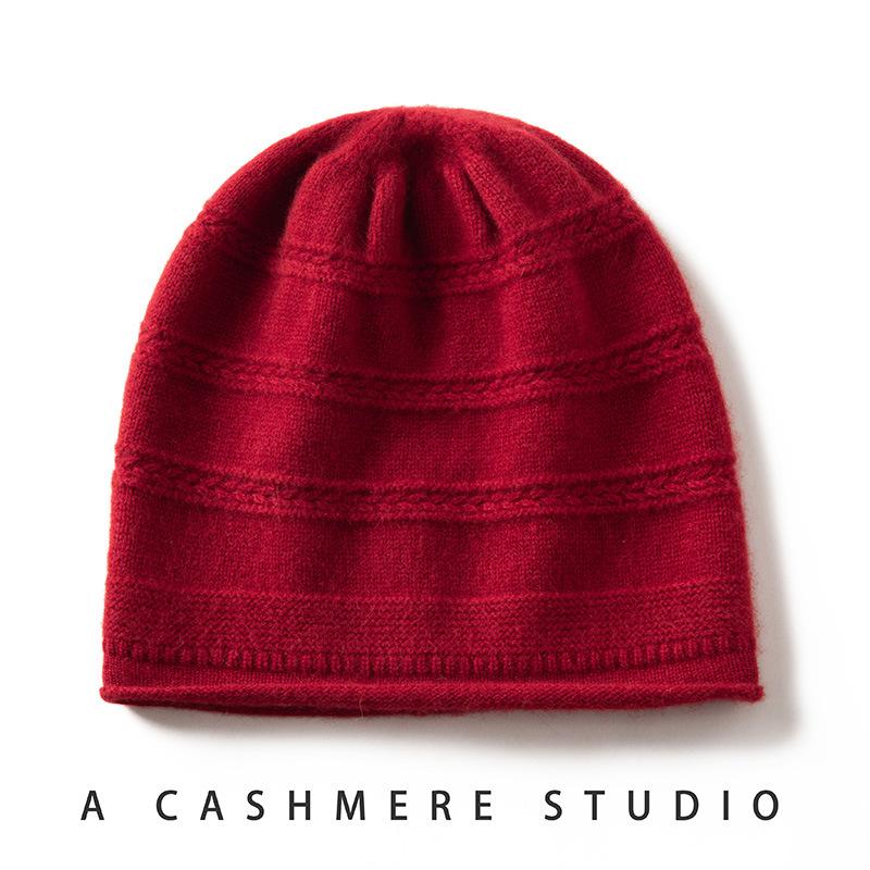 Cashmere hat big head circumference women's crimped knitted headgear stack hat autumn and winter warm solid color confinement hat