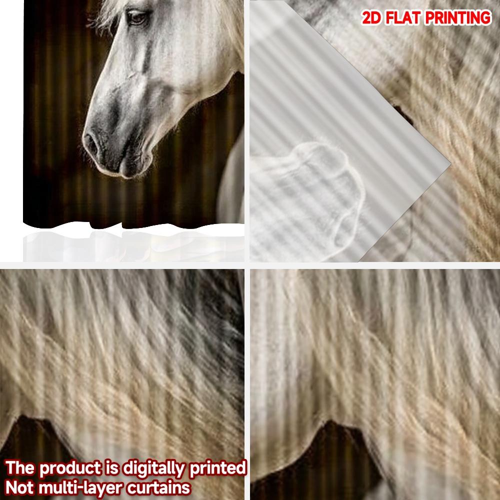 Set Of 2 White Horse Portrait Curtains Realistic Animal Pattern Black Background Living Room Bedroom Decor Modern Made Polyester Great Window