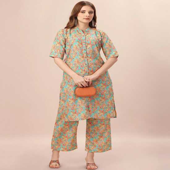 

Women s Aqua Floral Print Kurta & Pant Set | Casual Co-ord Set XXL