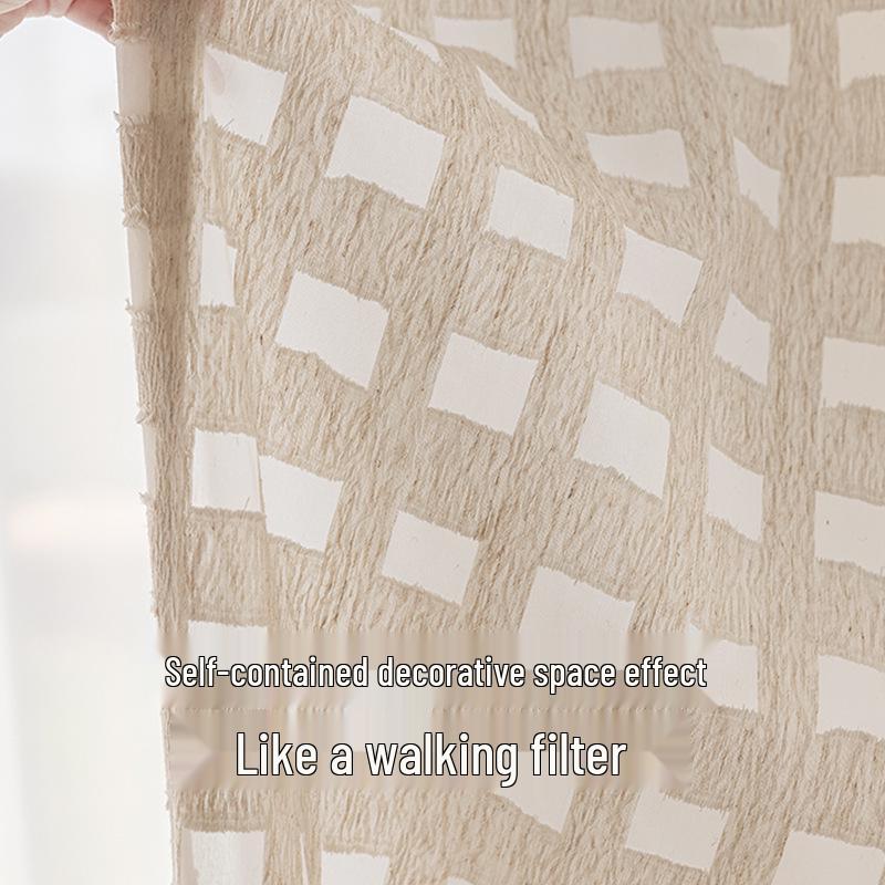 Vintage Plaid Sheer Linen Curtains for Living Room & Bedroom - Light-Permeable, High-End Feel, New Style for Balcony Windows