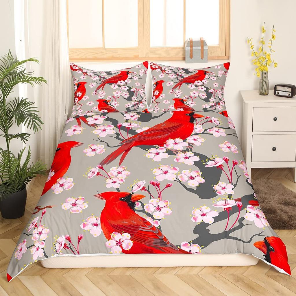 Pink Cherry Blossom King Queen Bedding Set Spring Flora Duvet Cover Japanese Flowers Quilt Cover Soft Polyester Comforter Cover