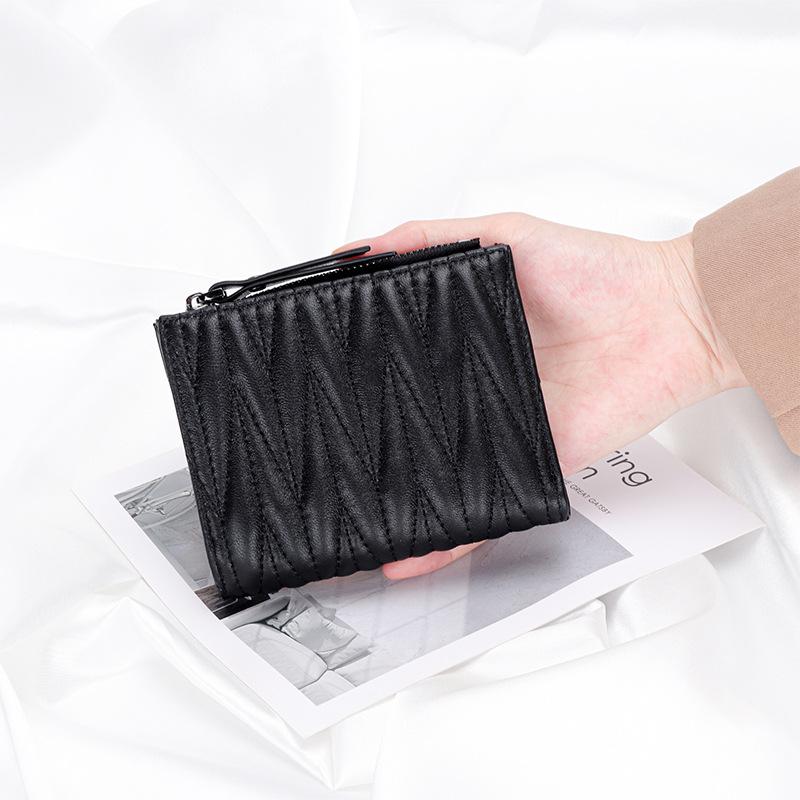 Sheepskin Women's Short Clip Wallet Folding Korean Trendy Embroidery Pleated Zipper Purse