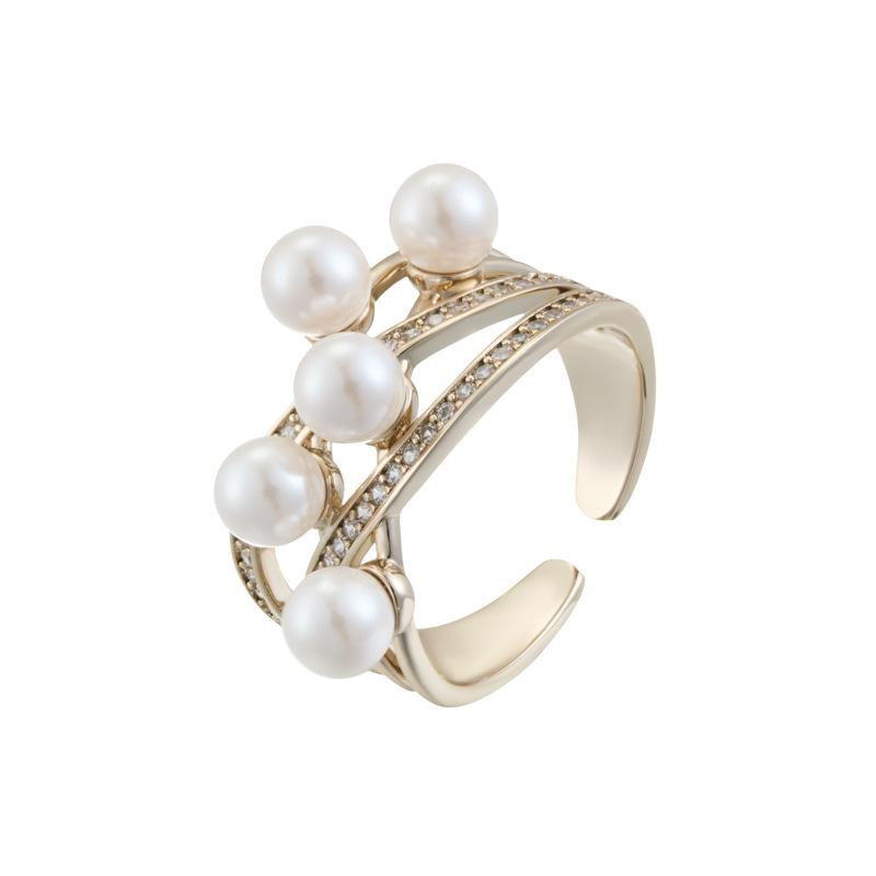 Premium Winding Micro-inlaid Zircon Imitation Pearl Opening Ring Fashionable Light Luxury Adjustable Ring New Index Finger Ring