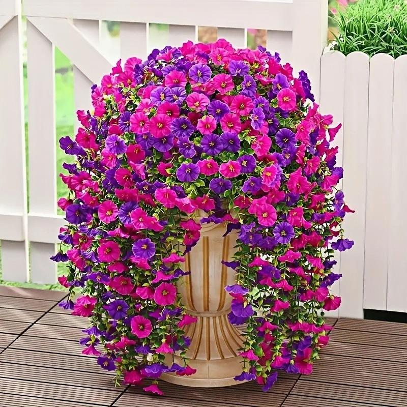 2PCS Artificial Morning Glory Hanging Flowers Fake Flower Outdoor Home Garden Wall Hanging Petunias Plants Wedding Decoration