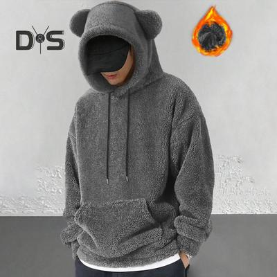 Winter Men Hoodie with Cartoon Ear Decor Double-sided Velvet with Big Front Pocket Loose Long Sleeves Thermal Top with Elastic Cuffs Casual Daily