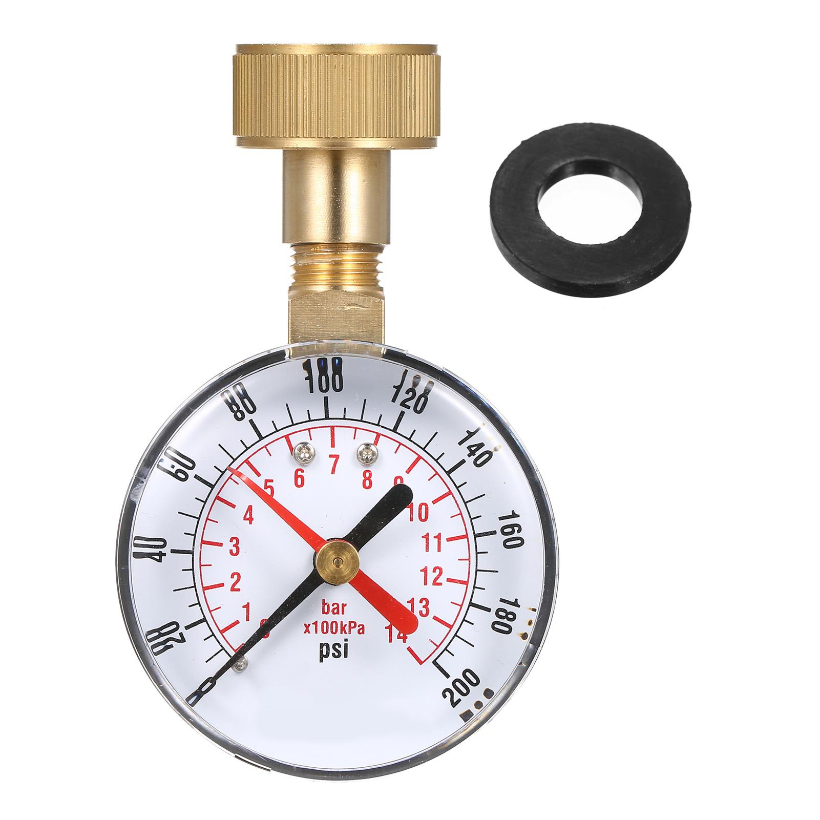 

Water Pressure Test Lepmerk 2- 1/2 Pressure Gauge Gauge 0-200 PSI with Red Pointer 3/4 Female Hose Thread Tester золотистый