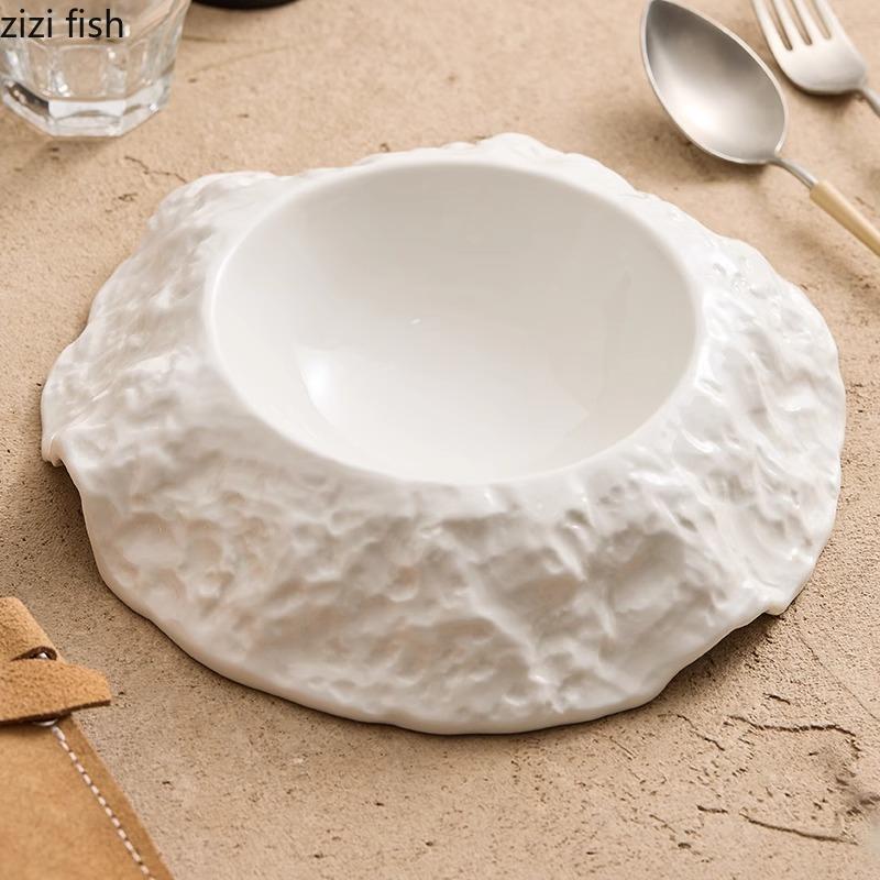 Einfarbig Unregelmäßiger Keramikteller Tief Felsmuster Dicker Suppenteller Dessert Snackteller Molekulare Küche Spezialgeschirr