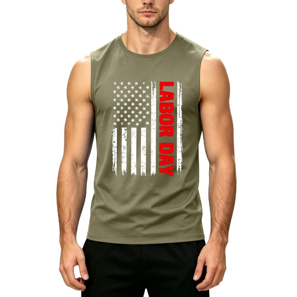 Men's Sleeveless Casual Tank Top with Printed American Flag and Labor Day Text Comfortable Fit for Summer Outdoor Activities