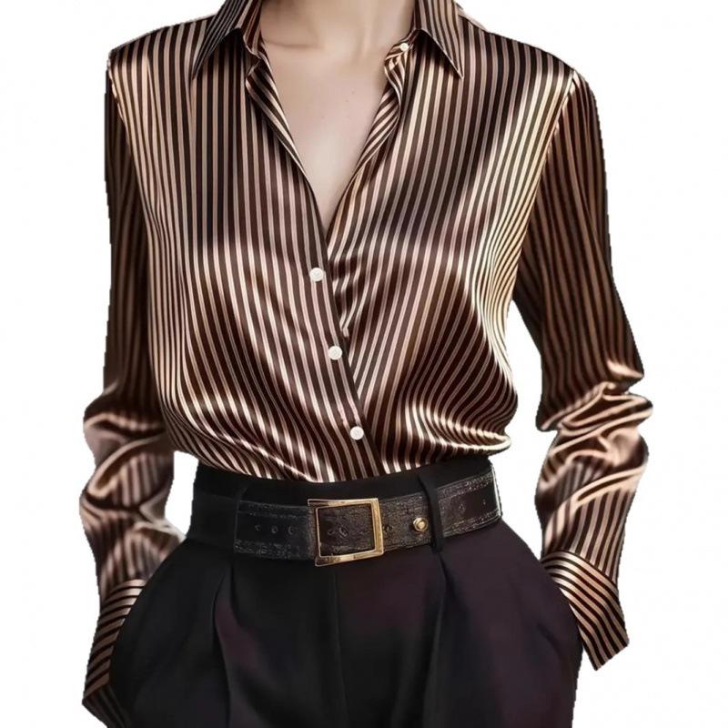 Women's Satin Striped Blouse Long Sleeve Turn-Down Collar Office Business Casual Top