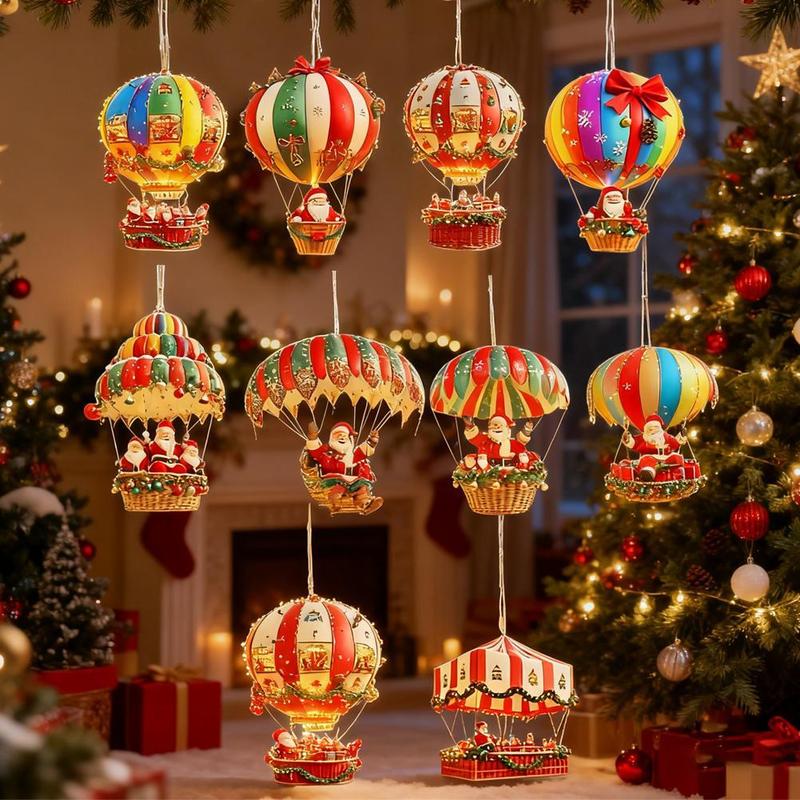 Christmas Wooden Hot Air Balloon Santa Claus 2D Flat Wooden Pendant Christmas Tree Decoration Perfect Holiday Gift Decor