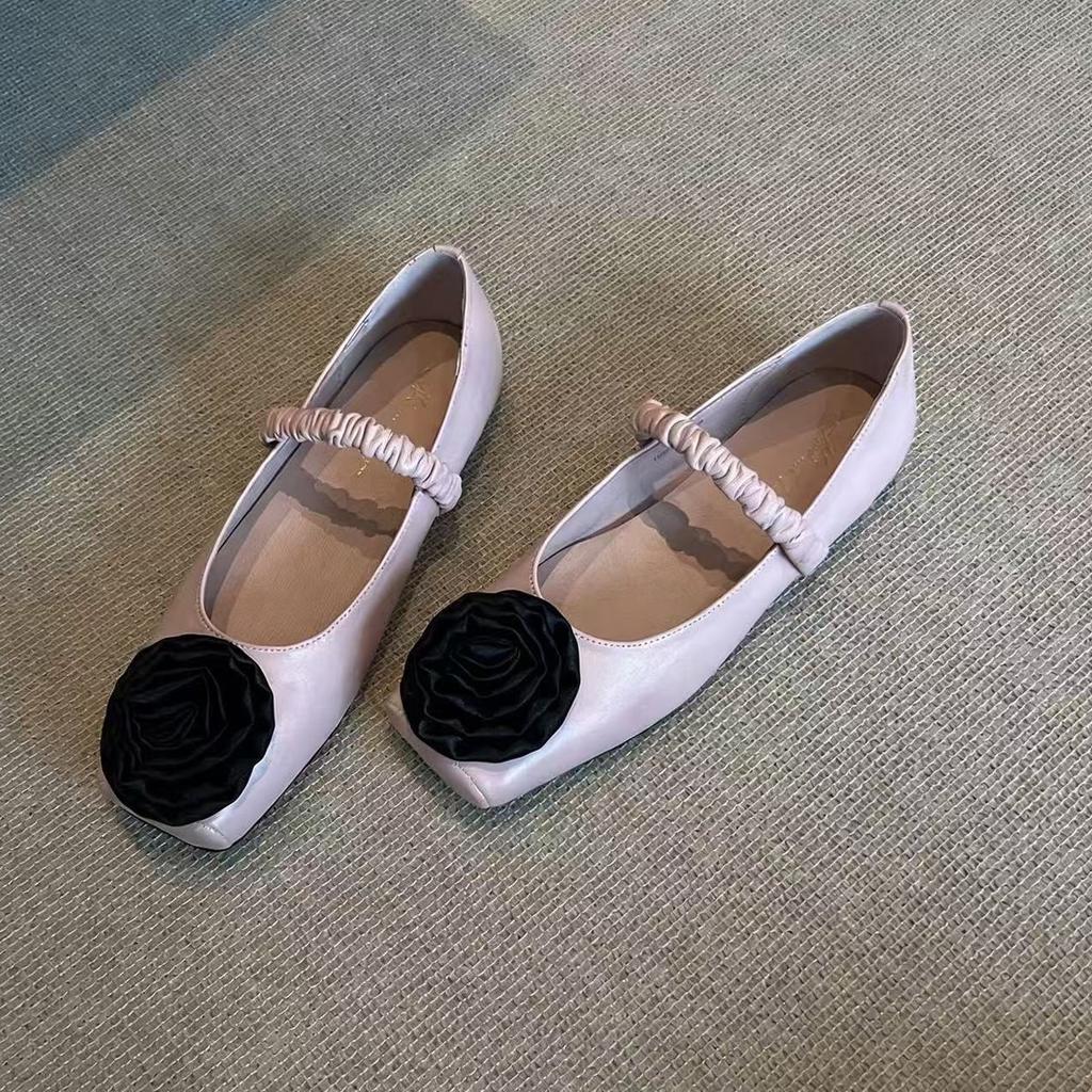 2026 New Spring Genuine Leather French Retro Flower Mary Jane Shoes Super Cute Flat Black Women's Shoes